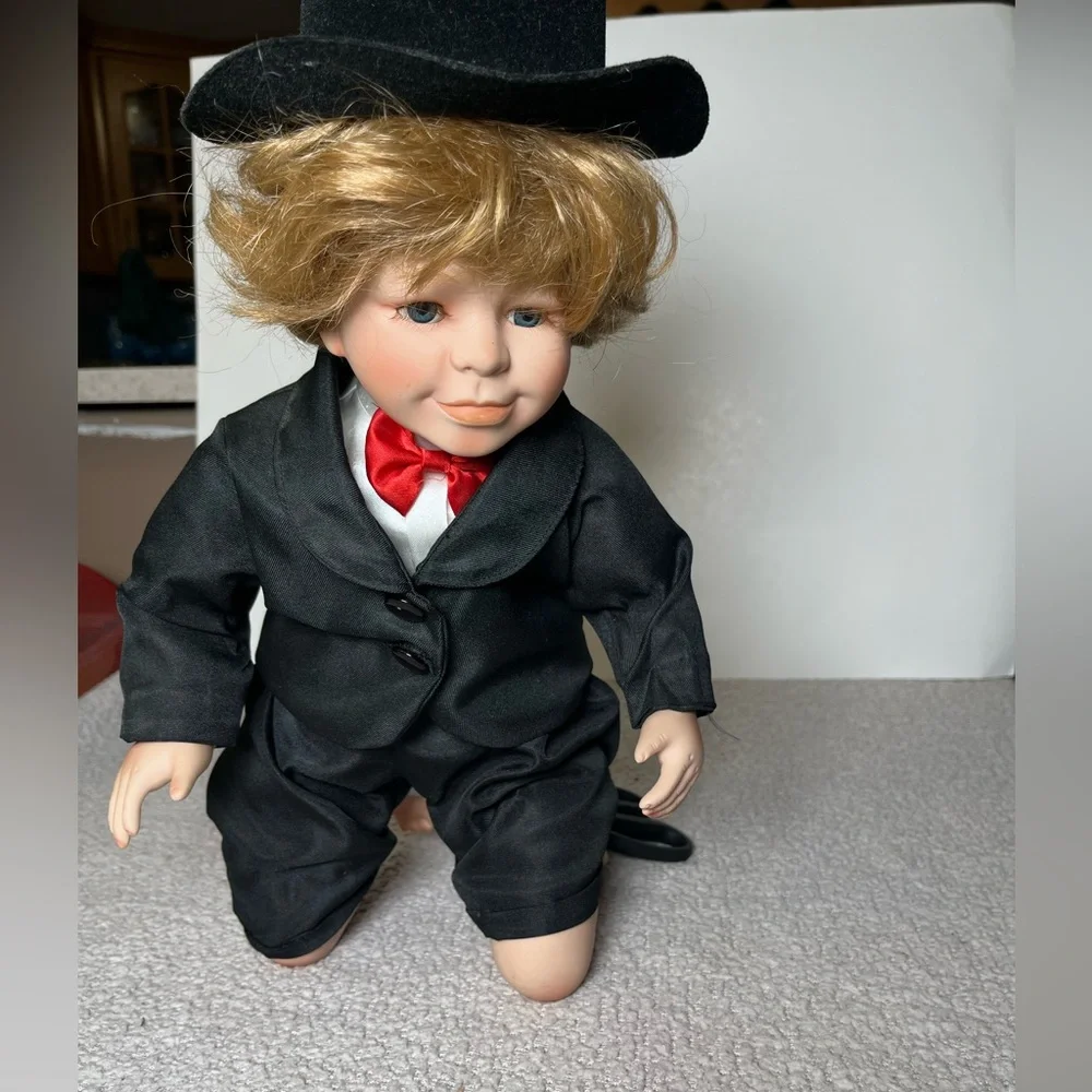 Vintage Porcelain Boy Doll - Blonde Hair Blue Eyes‎ - Black Tuxedo & Top Hat